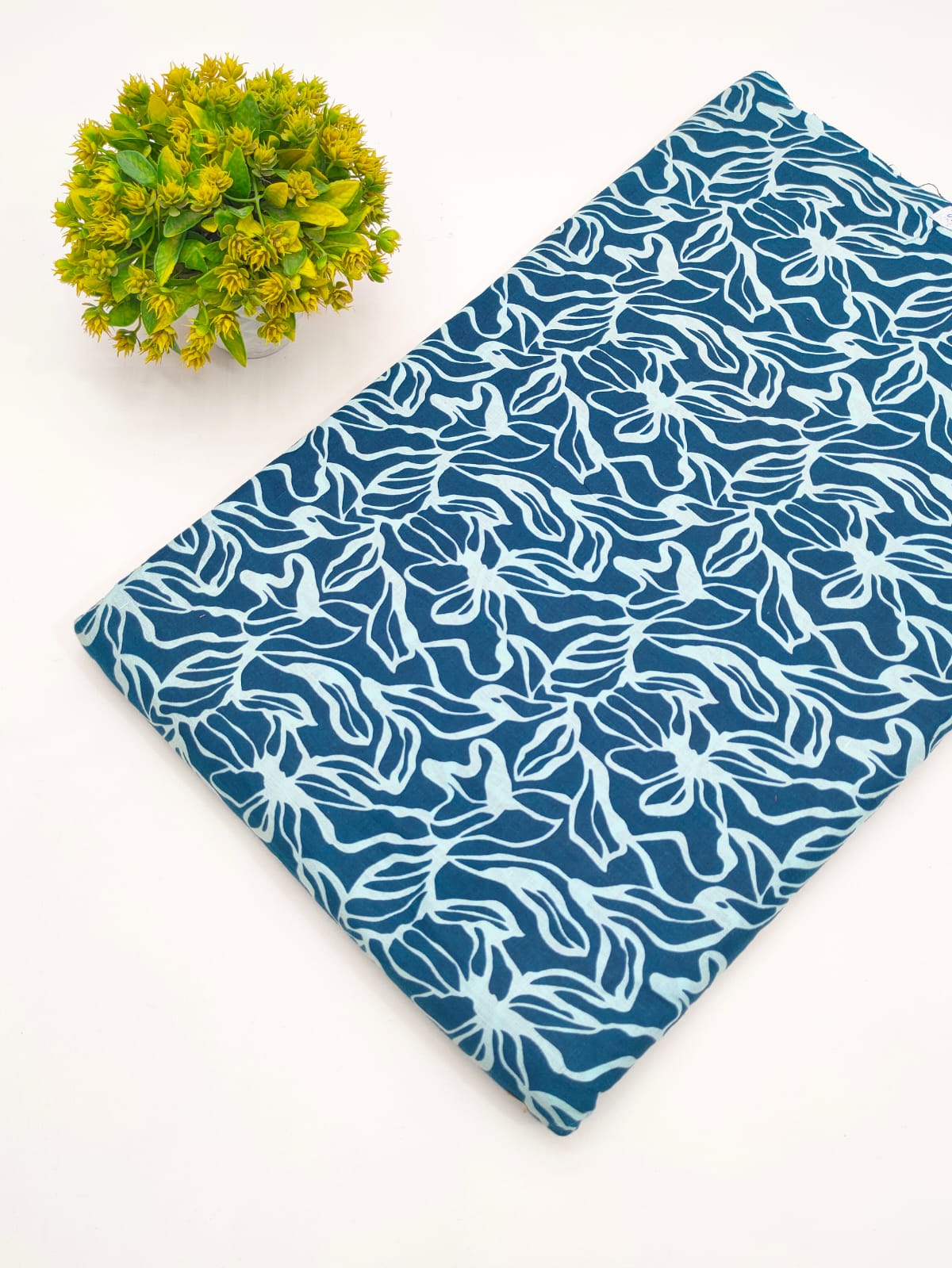Teal Blue Abstract Floral Screen Print Pure Cotton Fabric - JBRGFD174
