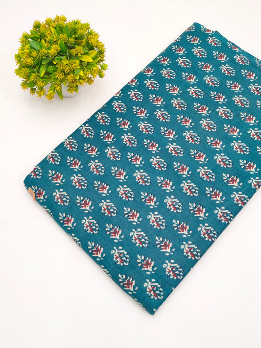 Teal Blue Botanical Booti Screen Print Pure Cotton Fabric - JBRGFD80