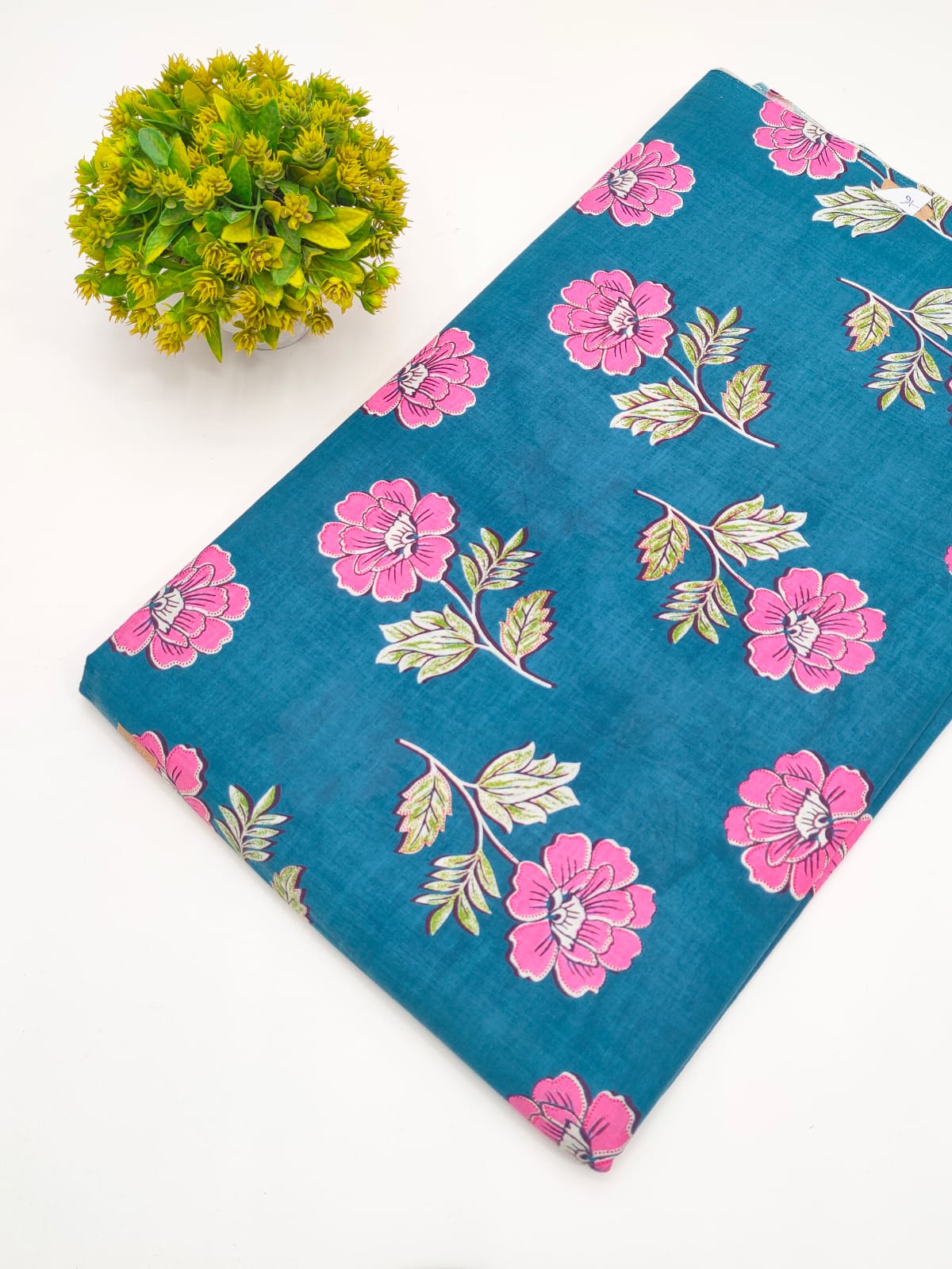 Teal Blue Botanical Floral Screen Print Pure Cotton Fabric - JBRGFD190