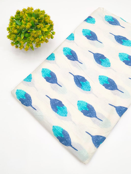 Teal Blue Botanical Leaf Screen Print Pure Cotton Fabric - JBRGFD150