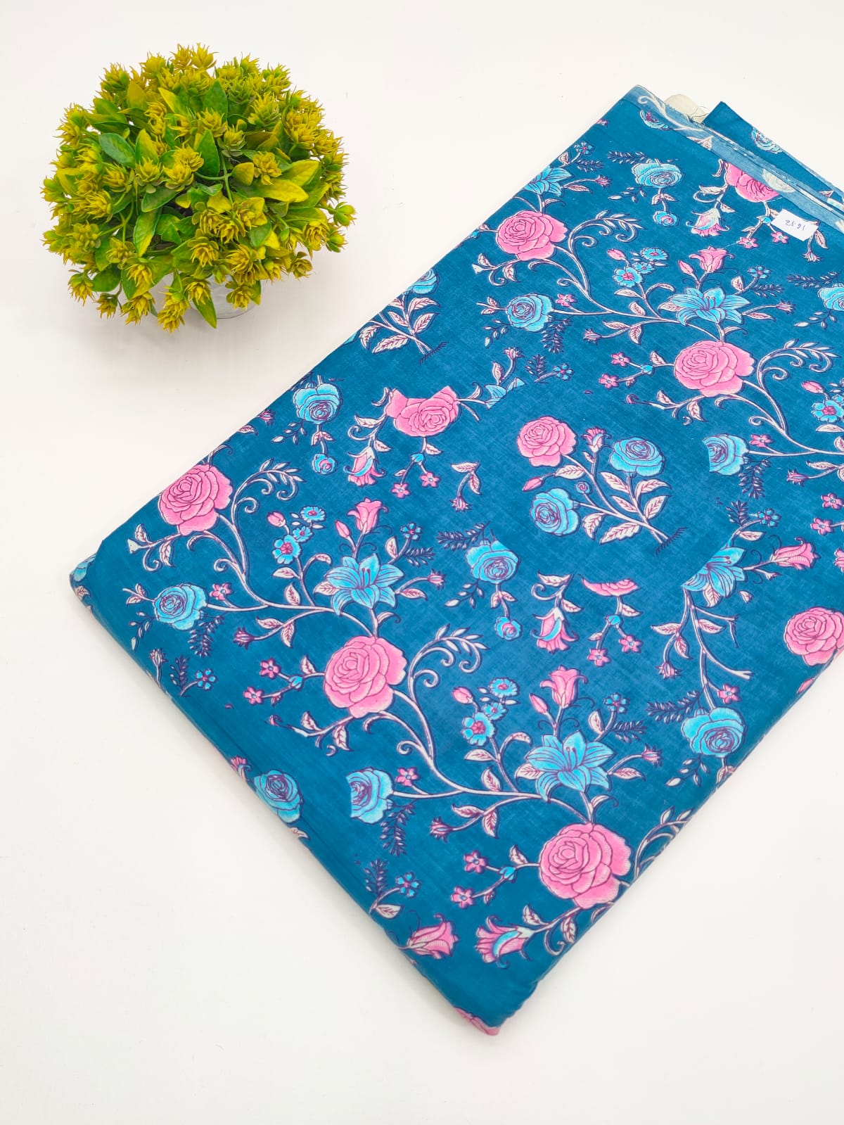 Teal Blue Botanical Vine Screen Print Pure Cotton Fabric - JBRGFD157