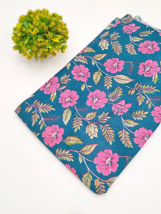 Teal Blue Botanical Vine Screen Print Pure Cotton Fabric - JBRGFD192
