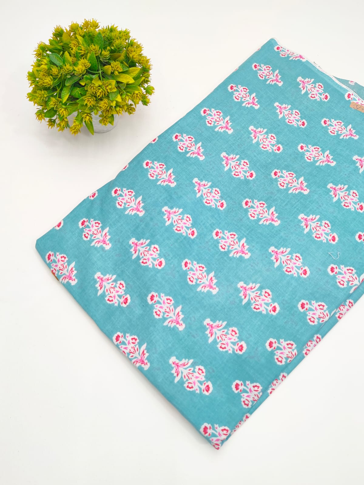 Teal Blue Floral Booti Screen Print Pure Cotton Fabric - JBRGFD122
