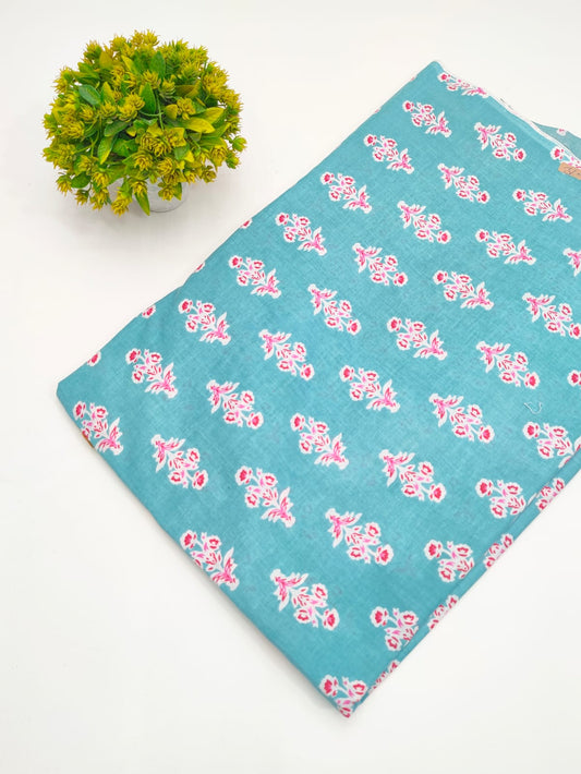 Teal Blue Floral Booti Screen Print Pure Cotton Fabric - JBRGFD122