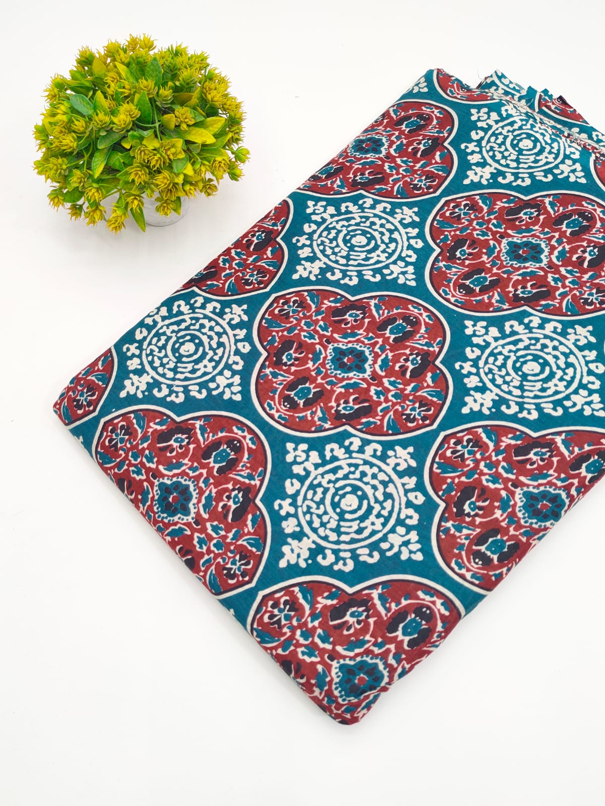 Teal Blue Geometric Boota Screen Print Pure Cotton Fabric - JBRGFD84