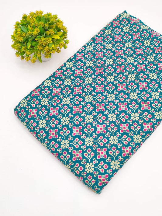 Teal Blue Geometric Booti Screen Print Pure Cotton Fabric - JBRGFD56