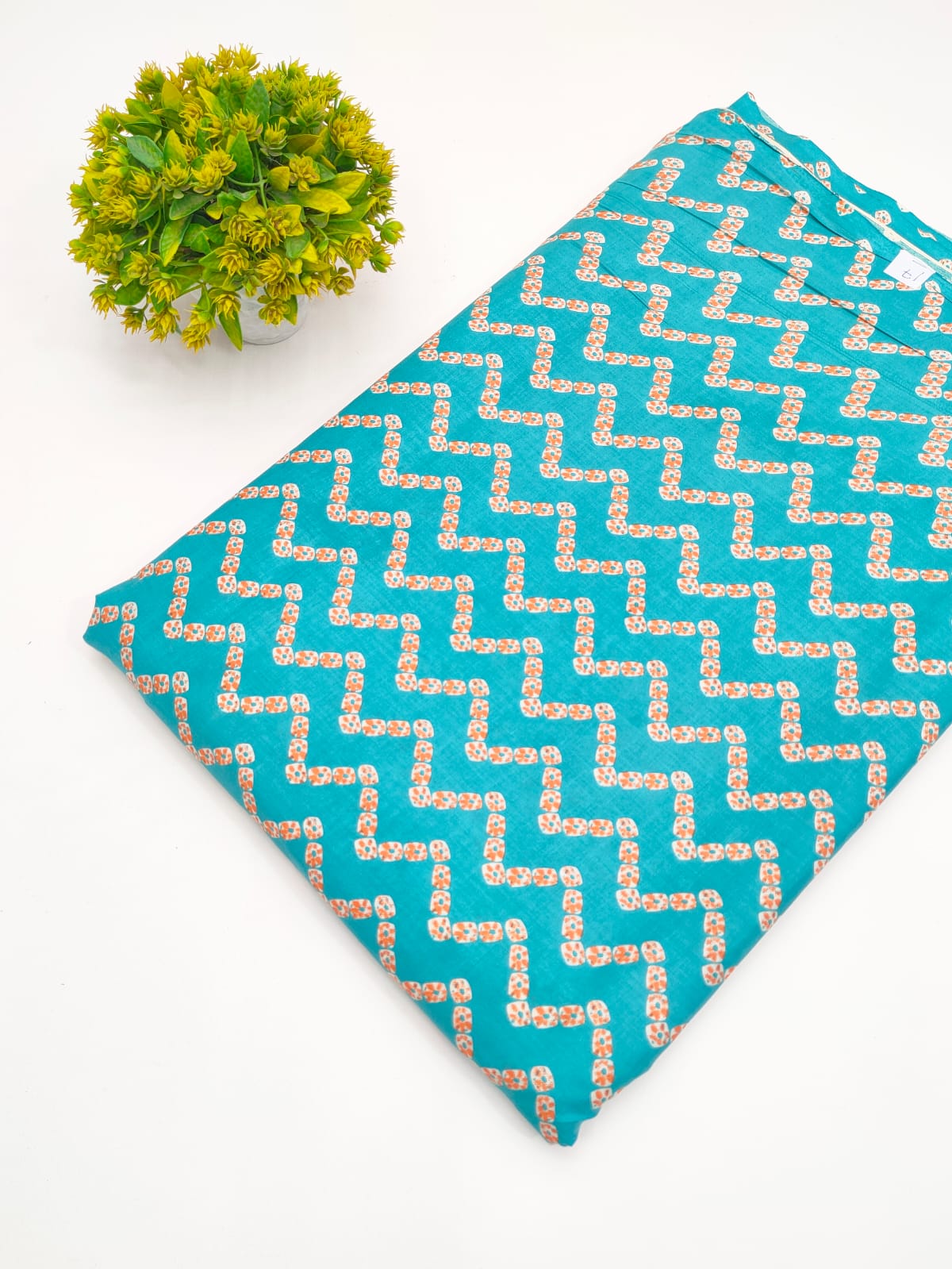 Teal Blue Geometric Chevron Screen Print Pure Cotton Fabric - JBRGFD110