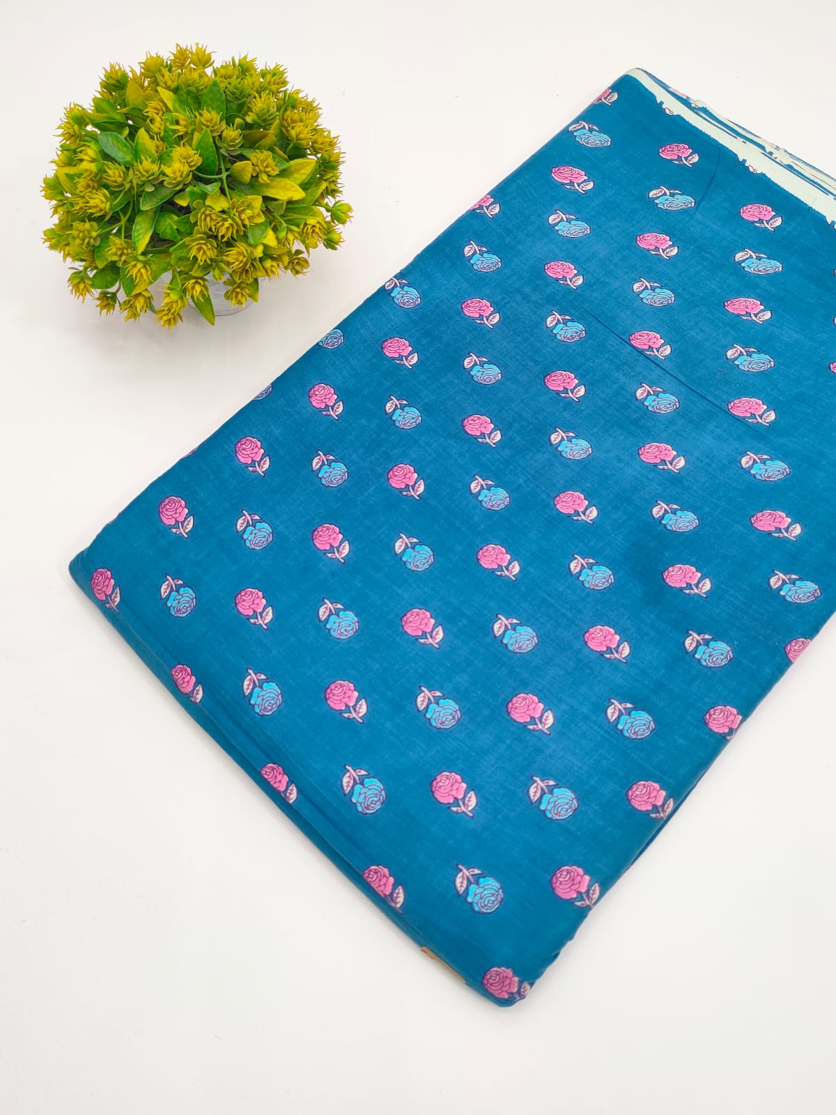 Teal Blue Rose Booti Screen Print Pure Cotton Fabric - JBRGFD154