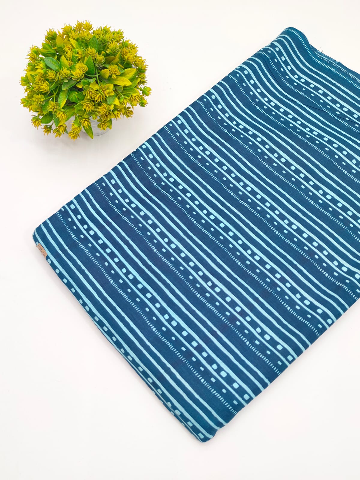 Teal Blue Striped Geometric Screen Print Pure Cotton Fabric - JBRGFD172