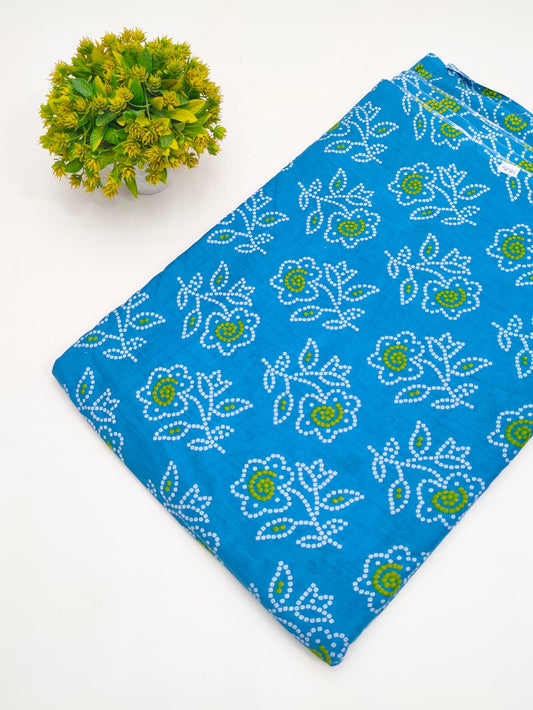 Turquoise Blue Bandhani Floral Screen Print Pure Cotton Fabric - JBRGFD128