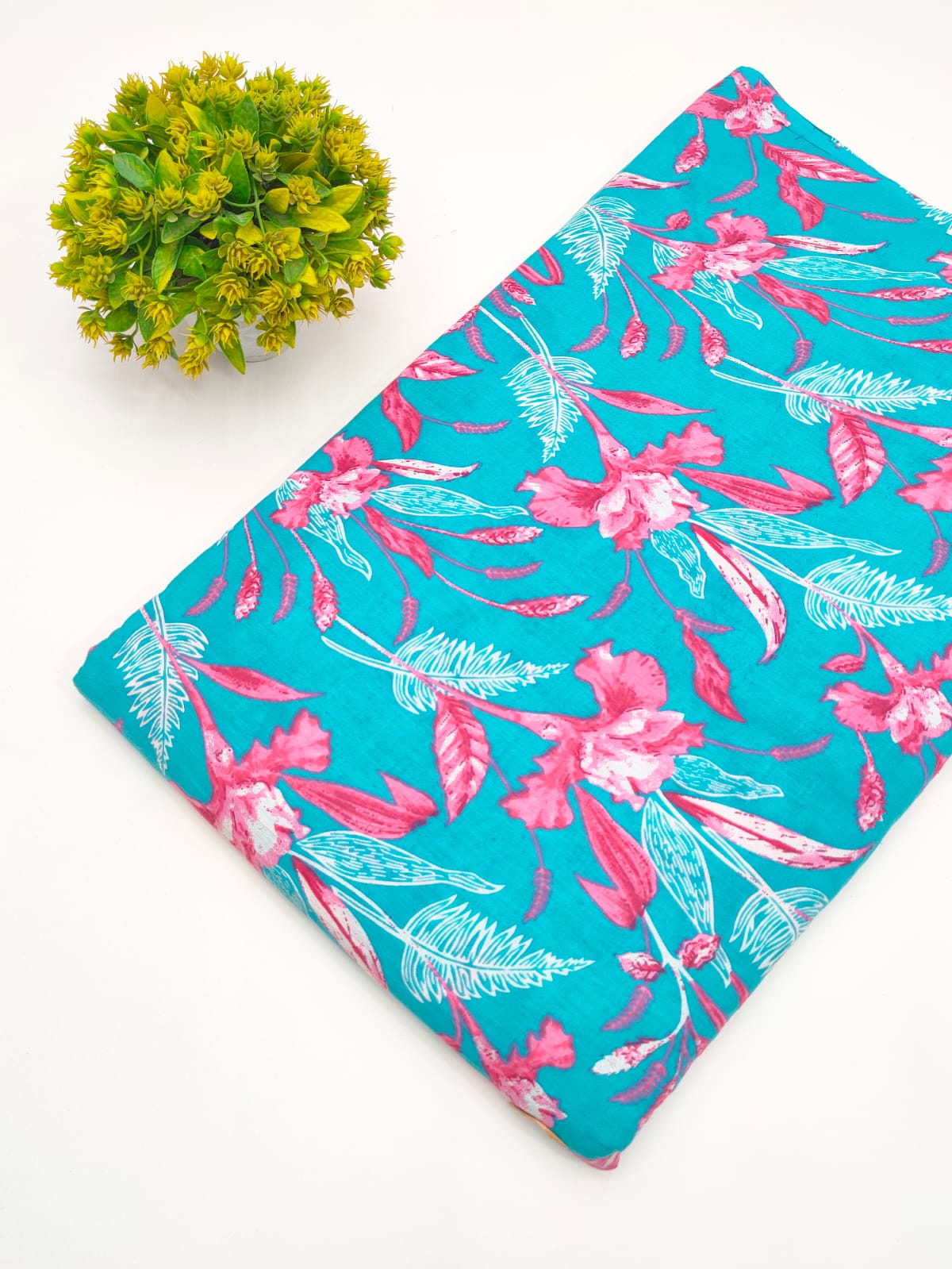 Turquoise Blue Botanical Vine Screen Print Pure Cotton Fabric - JBRGFD145