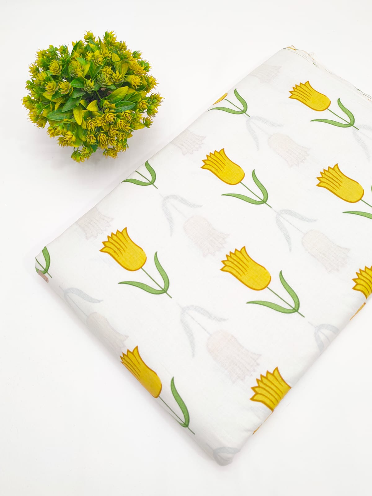 Yellow tulip floral motif screen print cotton fabric India