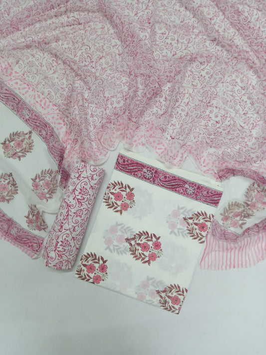 Block Print Cotton Suits with Chiffon Dupatta