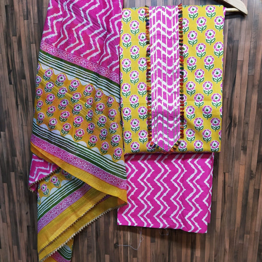 Small Buti Print Floral Cotton Hand Block Printed Gota Patti Suits with Cotton Dupatta- JBXGP90