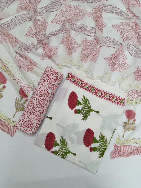 White Base Red and Green Floral Hand Block Printed Pure Cotton Unstitched Suit with Chiffon Dupatta - JB69