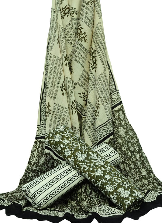 Cotton Unstitched Hand Block Printed Suit With Chiffon Dupatta - JBGC70