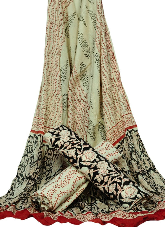Hand Block Printed Pure Cotton Unstitched Suit With Chiffon Dupatta - JBGC69