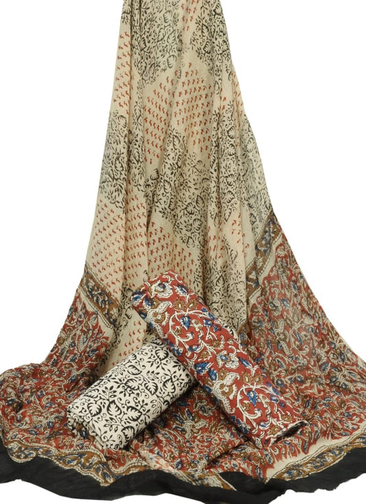 Cotton Unstitched Hand Block Printed Suit With Chiffon Dupatta - JBGC67