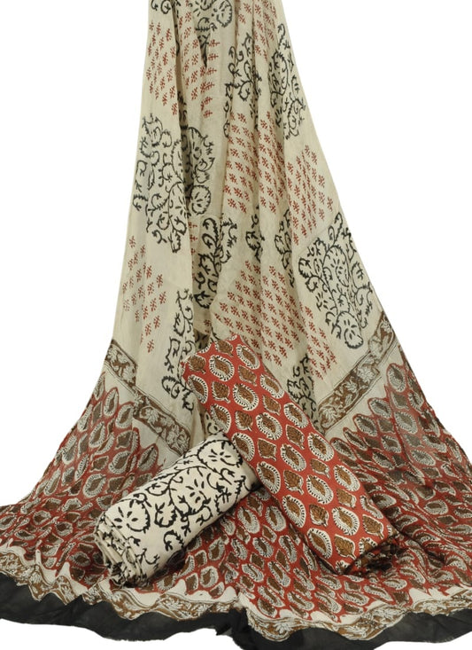Hand Block Printed Pure Cotton Unstitched Suit With Chiffon Dupatta - JBGC66