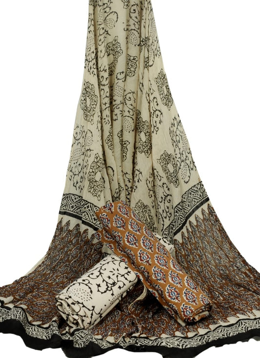 Cotton Unstitched Hand Block Printed Suit With Chiffon Dupatta - JBGC64