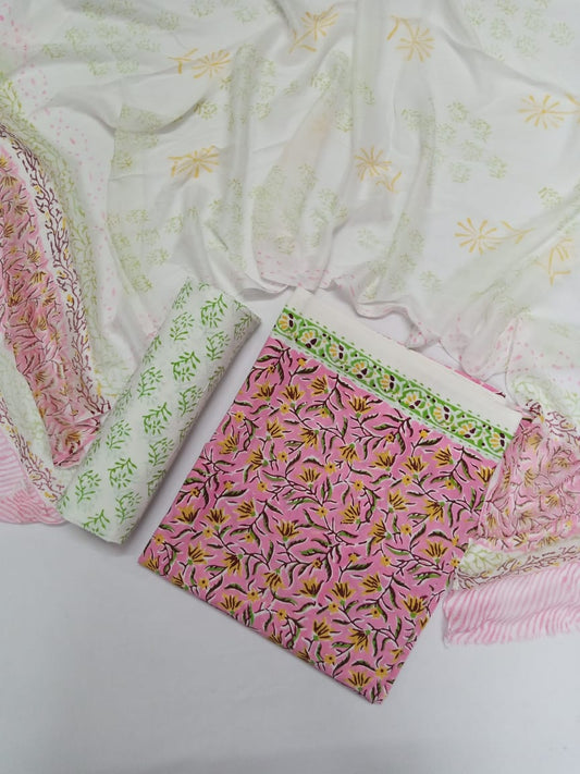 Pink with Yellow Floral Hand Block Printed Pure Cotton Unstitched Suit with Chiffon Dupatta - JB68