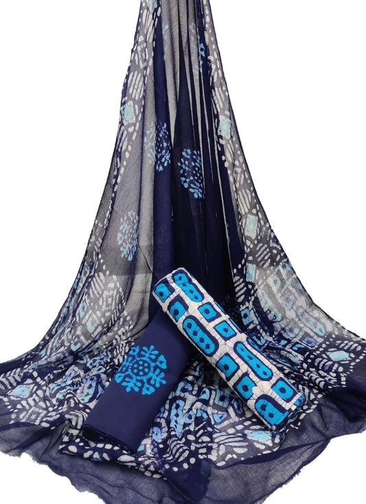 Cotton Unstitched Hand Block Printed Suit With Chiffon Dupatta - JBGC51