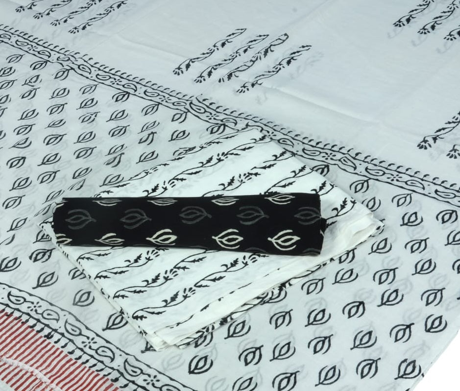 Hand Block Printed Pure Cotton Unstitched Salwar Suit Set With Cotton/Mulmul Dupatta - JBG223