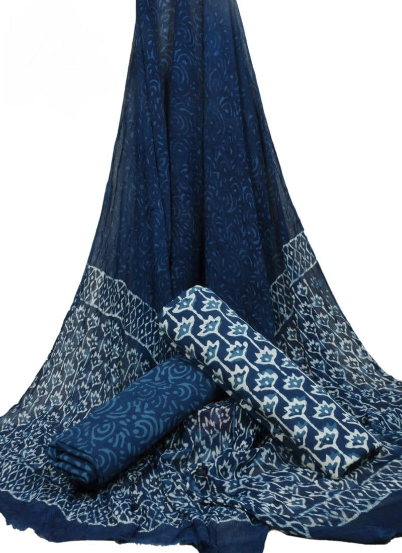 Indigo Blue Floral Print HandBlock Pure Cotton Unstitched Suit with Chiffon Dupatta - JBGC07