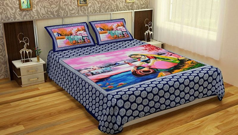 Blue Pure Cotton Women Printed Double Bedsheet With Pillow Covers