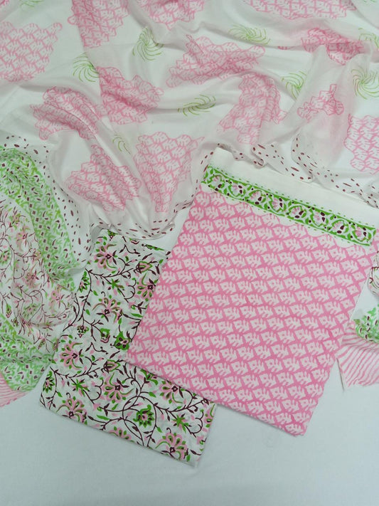 Pink and White Base Kalamkari Jaal Hand Block Printed Pure Cotton Unstitched Suit with Chiffon Dupatta - JB67