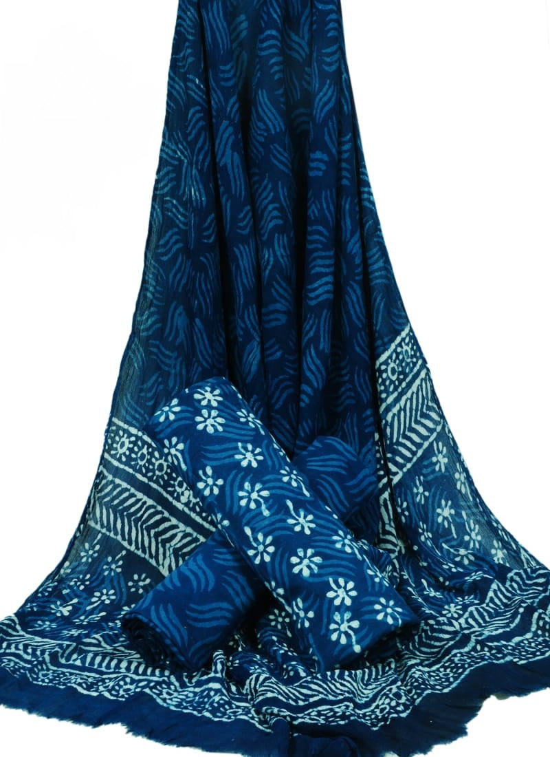 Indigo Blue Floral Print HandBlock Pure Cotton Unstitched Suit with Chiffon Dupatta - JBGC06