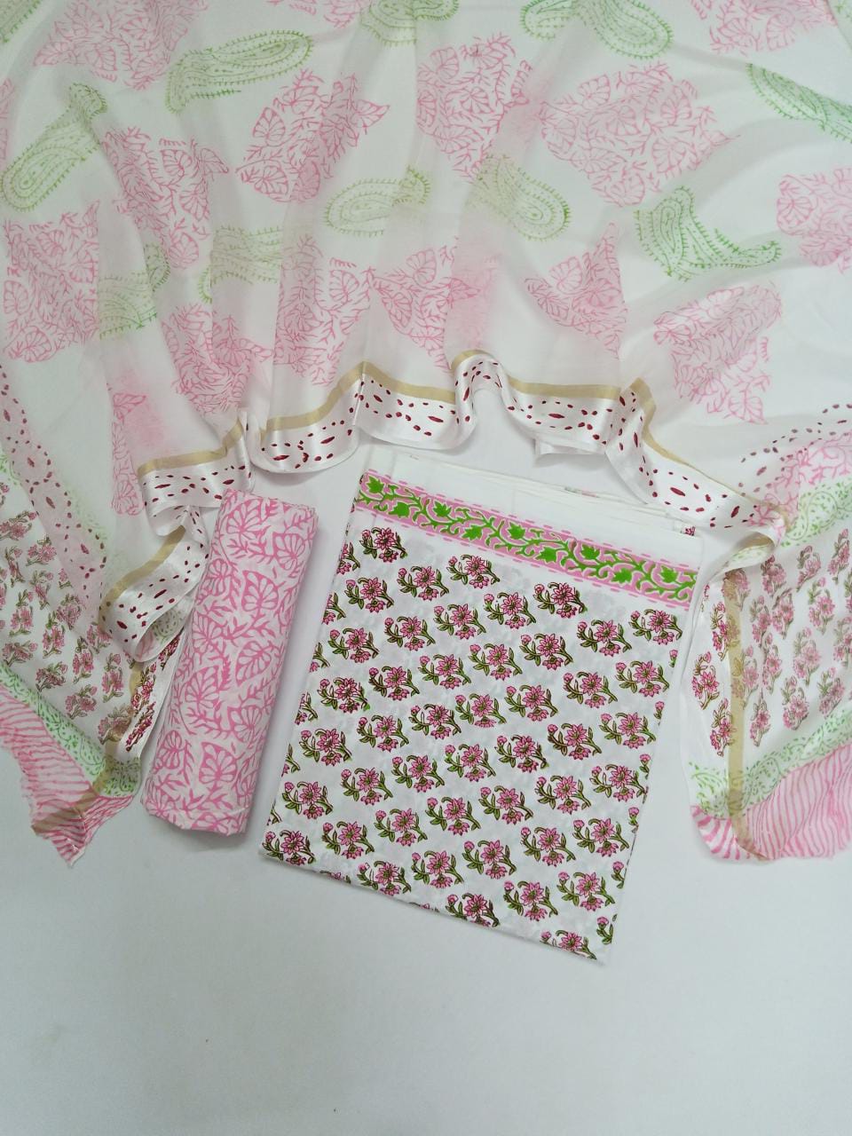 White Base Pink & Green Buti Hand Block Printed Pure Cotton Unstitched Salwar Suit with Chiffon Dupatta - JB23