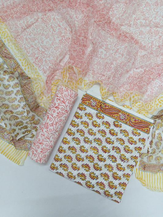 White Base Yellow and Red Buti Hand Block Printed Pure Cotton Unstitched Suit with Chiffon Dupatta - JB66