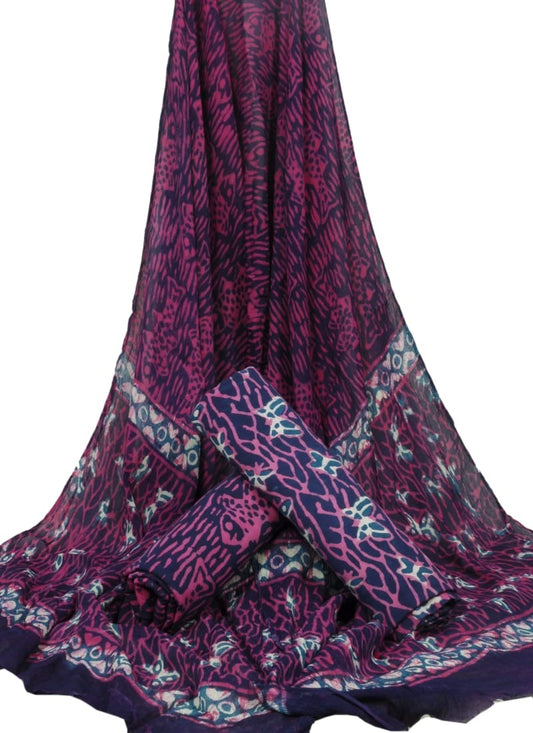 Cotton Unstitched Hand Block Printed Suit With Chiffon Dupatta - JBGC39