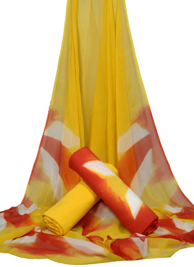 Yellow & Orange Tye Dye Pure Cotton Unstitched Suit With Chiffon Dupatta - JBGC32