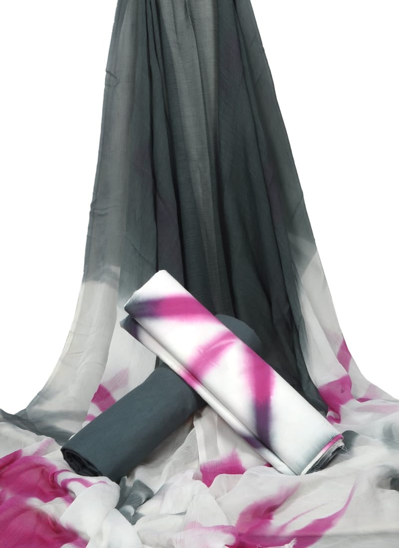 Pink & Grey Tye Dye Pure Cotton Unstitched Suit With Chiffon Dupatta - JBGC31