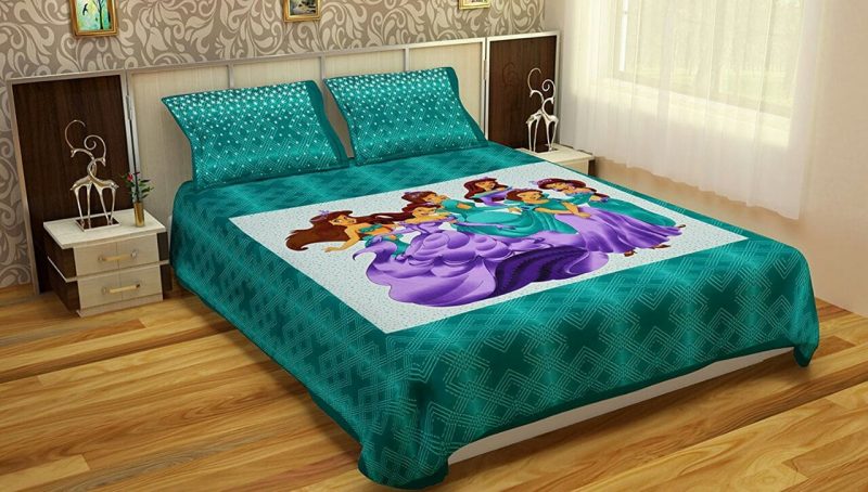 Sea Green Pure Cotton Fairy Print Double Bedsheet With Pillow Covers