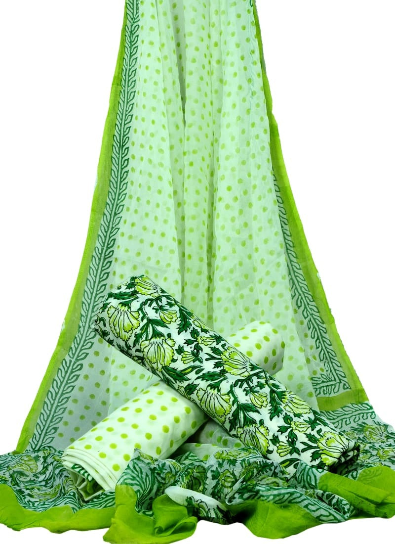 Green Base Floral Print HandBlock Pure Cotton Unstitched Suit With Chiffon Dupatta - JBGC27