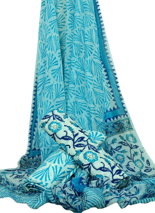 White Base Floral Print HandBlock Pure Cotton Unstitched Suit With Chiffon Dupatta - JBGC26