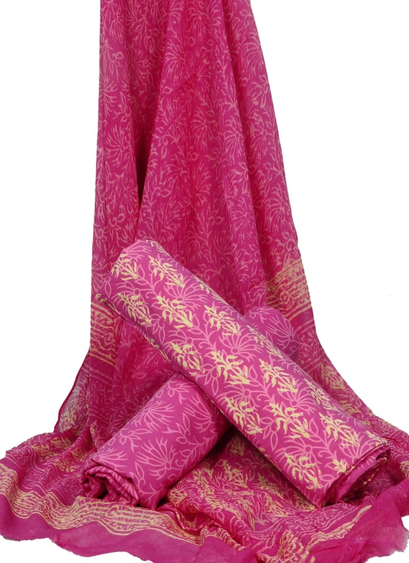 Pink Buti Print HandBlock Pure Cotton Unstitched Suit With Chiffon Dupatta - JBGC25