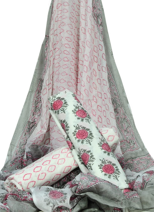 White Base Floral Print HandBlock Pure Cotton Unstitched Suit With Chiffon Dupatta - JBGC24