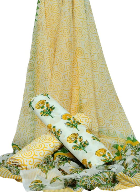 White Base Floral Print HandBlock Pure Cotton Unstitched Suit With Chiffon Dupatta - JBGC23