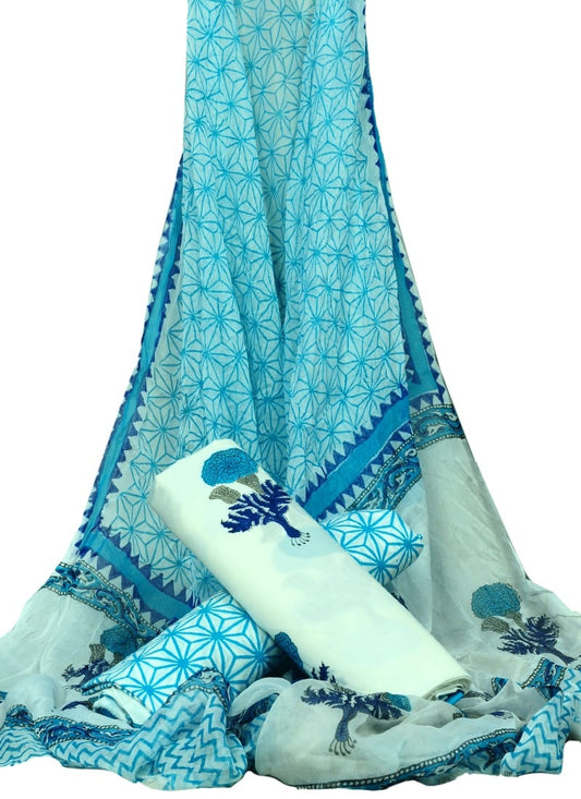White Base Floral Print HandBlock Pure Cotton Unstitched Suit With Chiffon Dupatta - JBGC22
