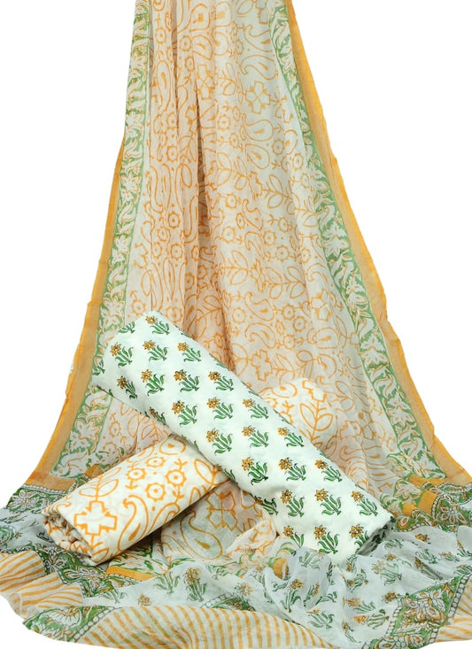 White Base Small Floral Booty Print HandBlock Pure Cotton Unstitched Suit With Chiffon Dupatta - JBGC21