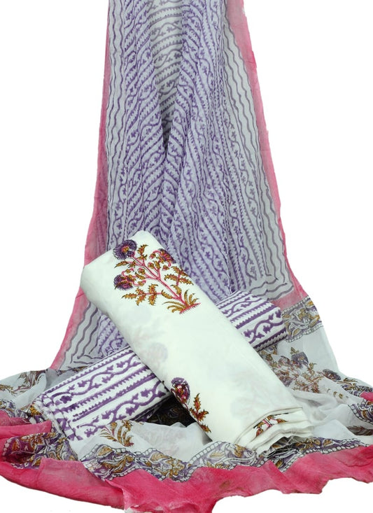 White Base Floral Print HandBlock Pure Cotton Unstitched Suit With Chiffon Dupatta - JBGC20