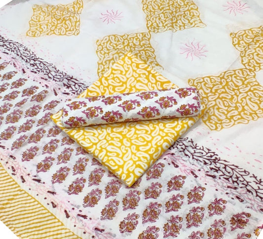 Hand Block Printed Pure Cotton Unstitched Salwar Suit Set With Cotton/Mulmul Dupatta - JBG220