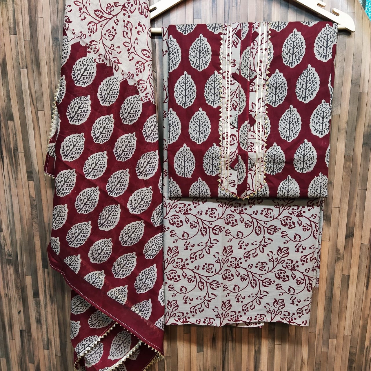 Small Buti Print Floral Cotton Hand Block Printed Gota Patti Suits with Cotton Dupatta- JBXGP88