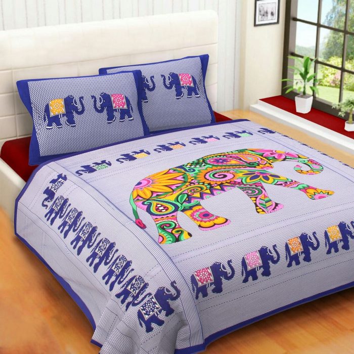 Blue Pure Cotton Animal Pattern Double Bedsheet With Pillow Covers