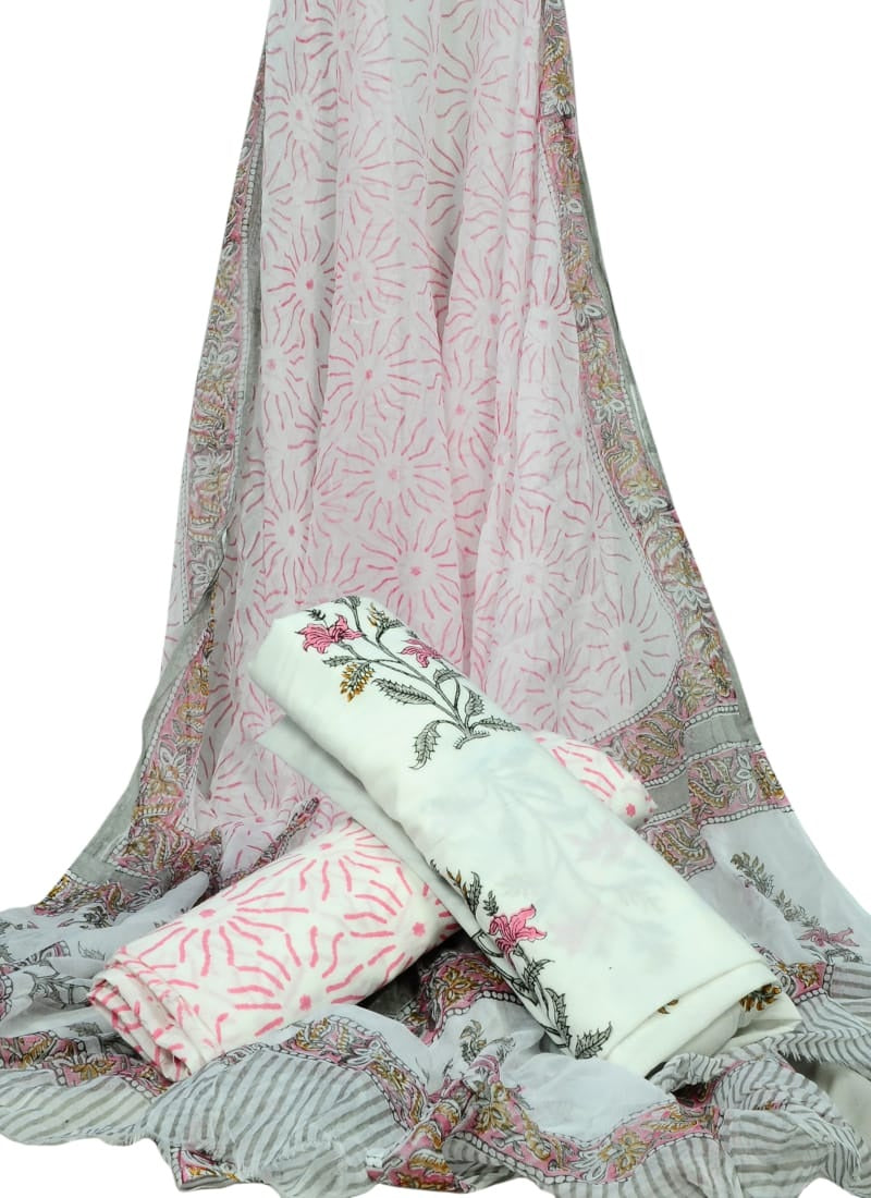 White Base Floral Print HandBlock Pure Cotton Unstitched Suit With Chiffon Dupatta - JBGC19