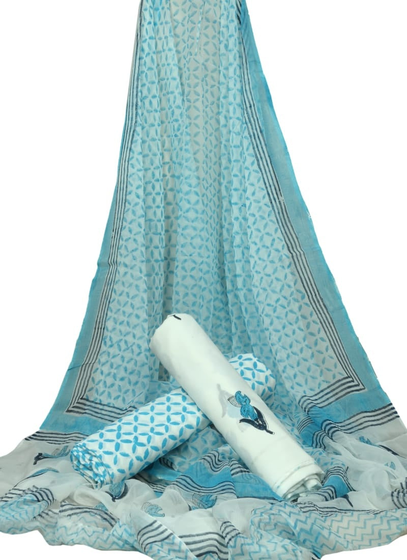 Turquoise Floral Print HandBlock Pure Cotton Unstitched Suit With Chiffon Dupatta - JBGC18